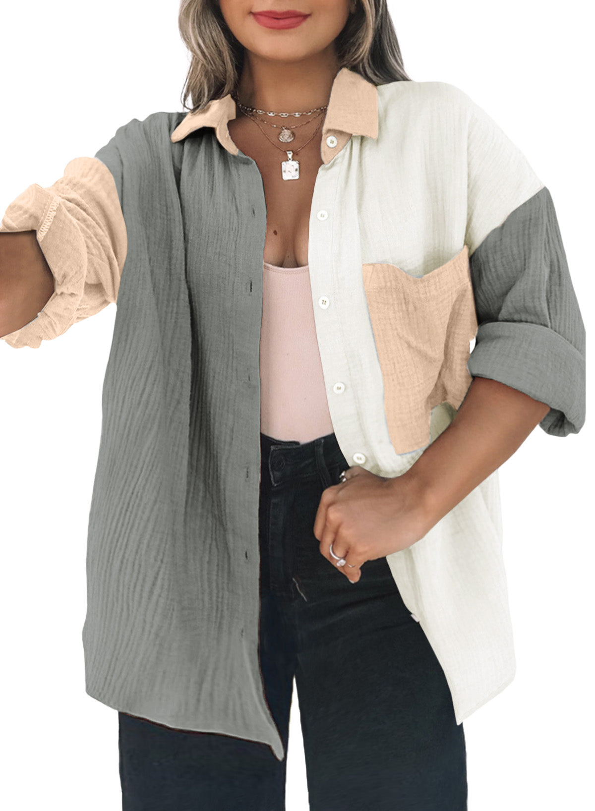 Plus Size Colorblock Crinkled Pocketed Shirt Long Sleeve Blouse