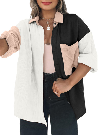 Plus Size Colorblock Crinkled Pocketed Shirt Long Sleeve Blouse