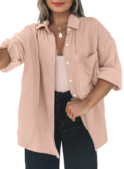 Plus Size Colorblock Crinkled Pocketed Shirt Long Sleeve Blouse