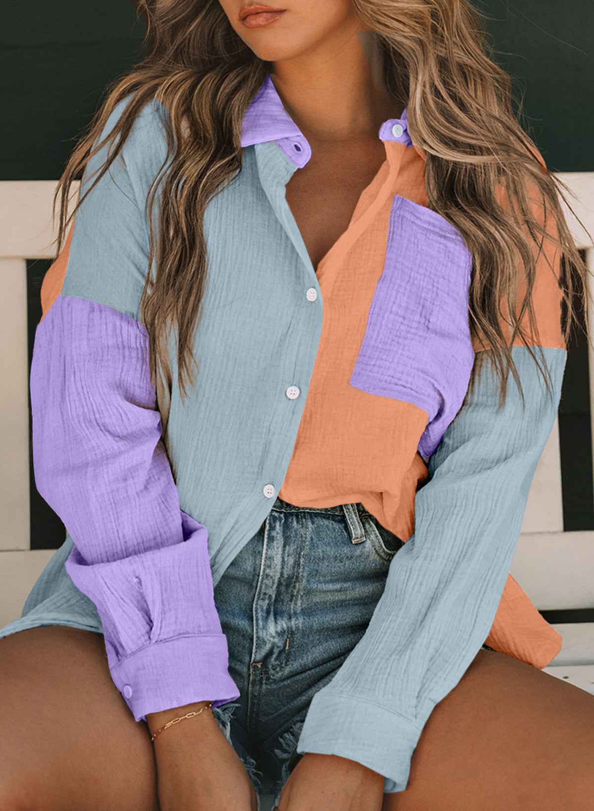 Plus Size Colorblock Crinkled Pocketed Shirt Long Sleeve Blouse