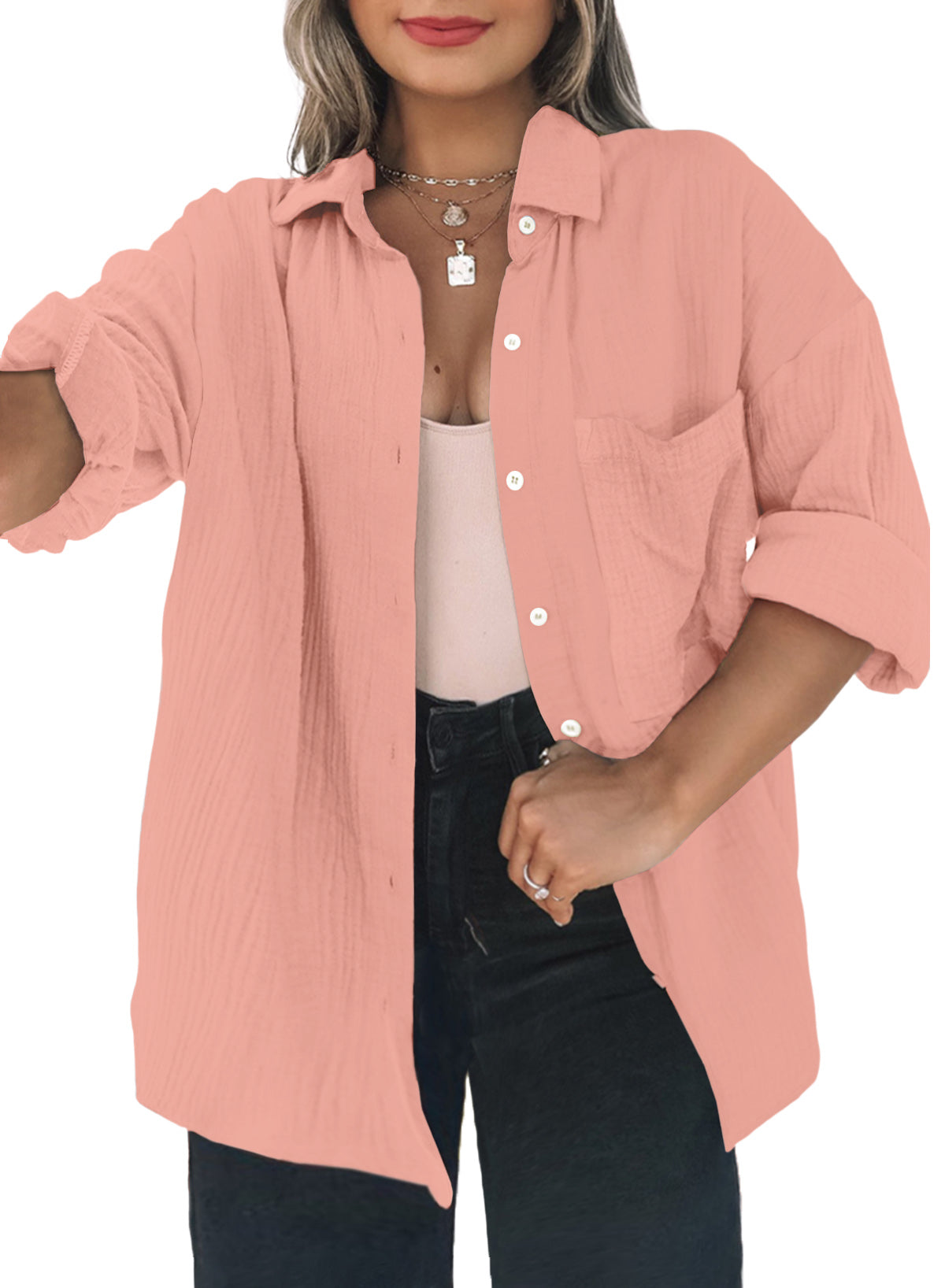 Plus Size Colorblock Crinkled Pocketed Shirt Long Sleeve Blouse