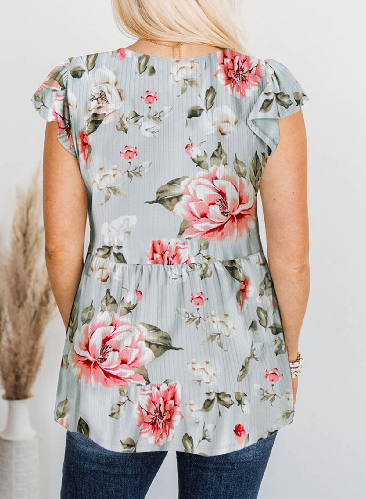 Floral Goddess Flutter Sleeve Plus Size Top V-Neck Pullover Sleeveless Tank Top