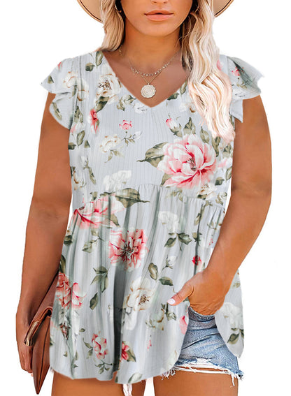Floral Goddess Flutter Sleeve Plus Size Top V-Neck Pullover Sleeveless Tank Top