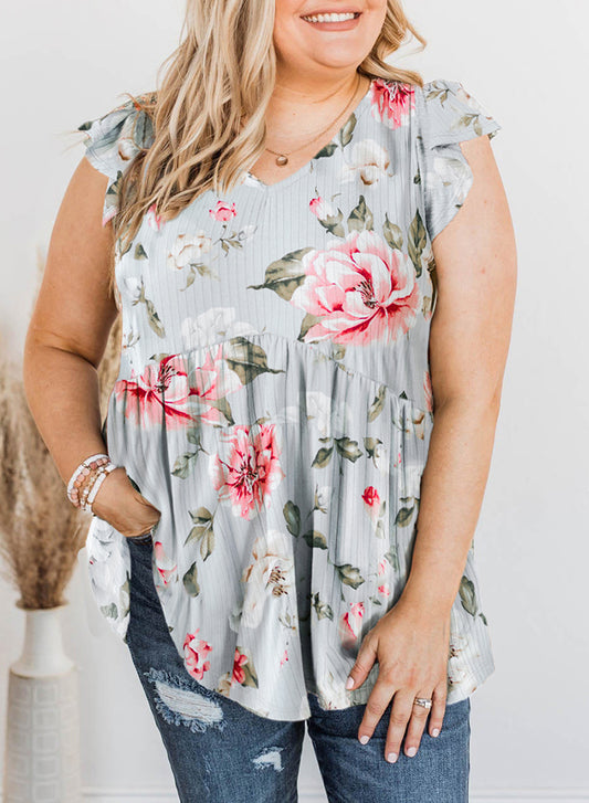 Floral Goddess Flutter Sleeve Plus Size Top V-Neck Pullover Sleeveless Tank Top