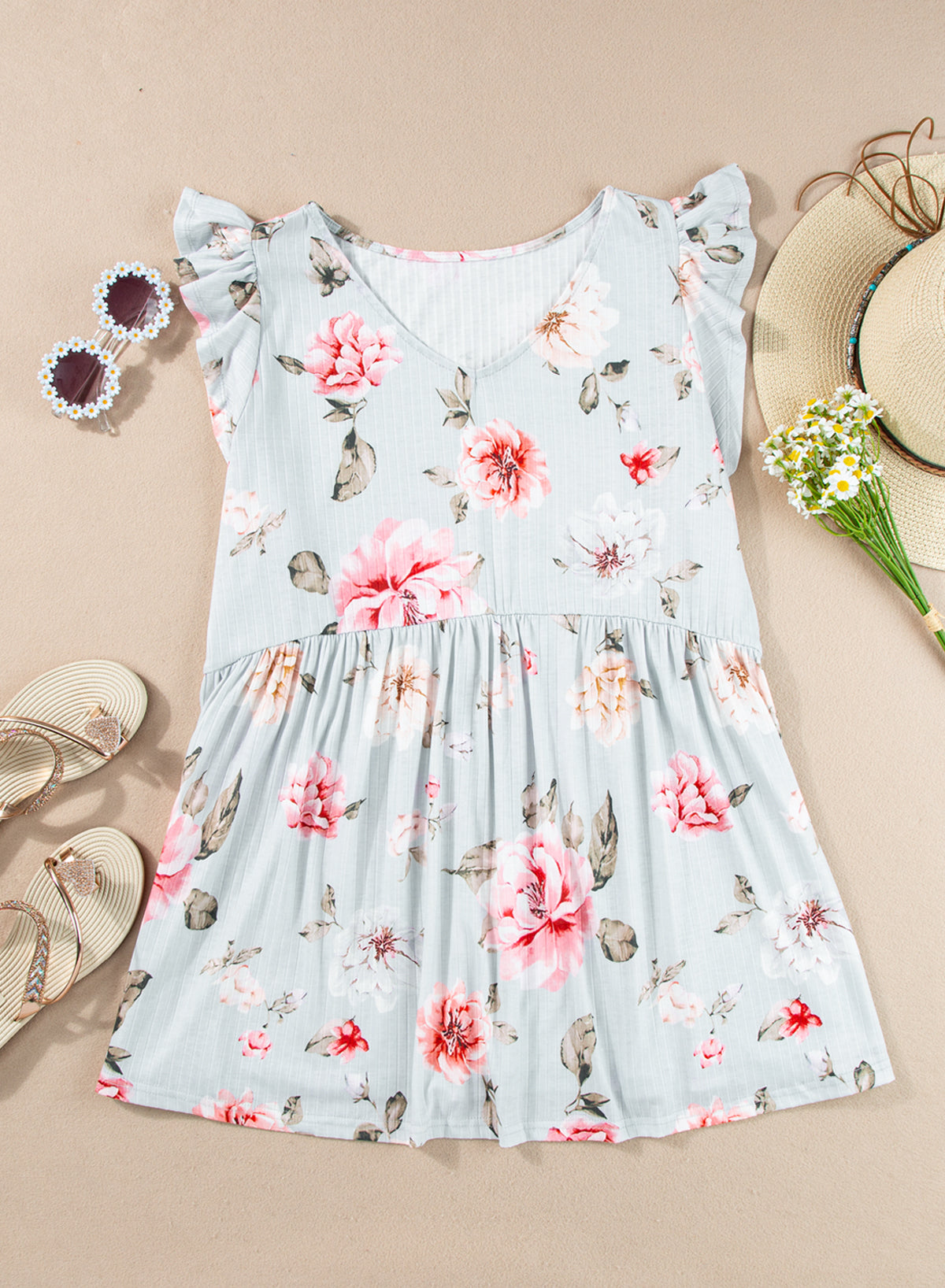 Floral Goddess Flutter Sleeve Plus Size Top V-Neck Pullover Sleeveless Tank Top