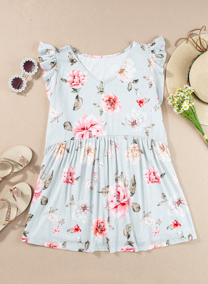 Floral Goddess Flutter Sleeve Plus Size Top V-Neck Pullover Sleeveless Tank Top