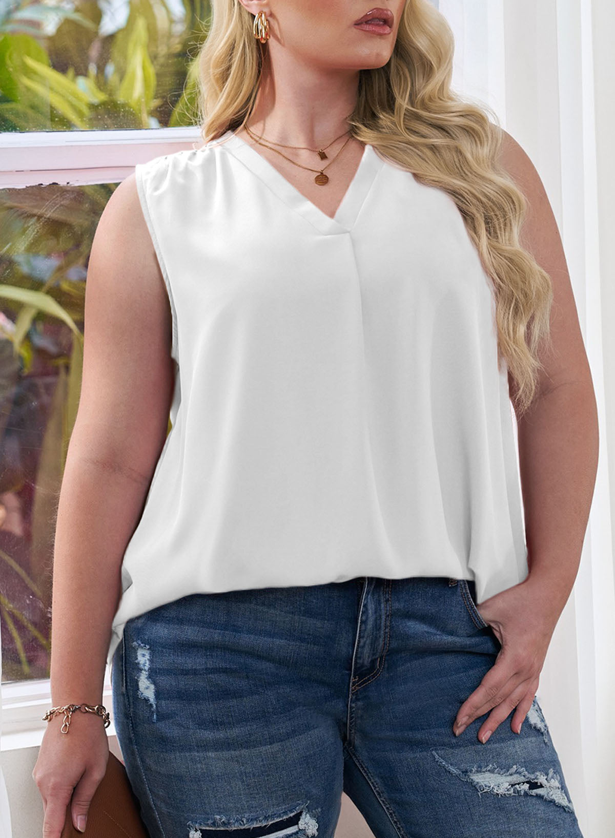 Solid Color Shirt V-Neck Sleeveless Vest Shirt Plus Size