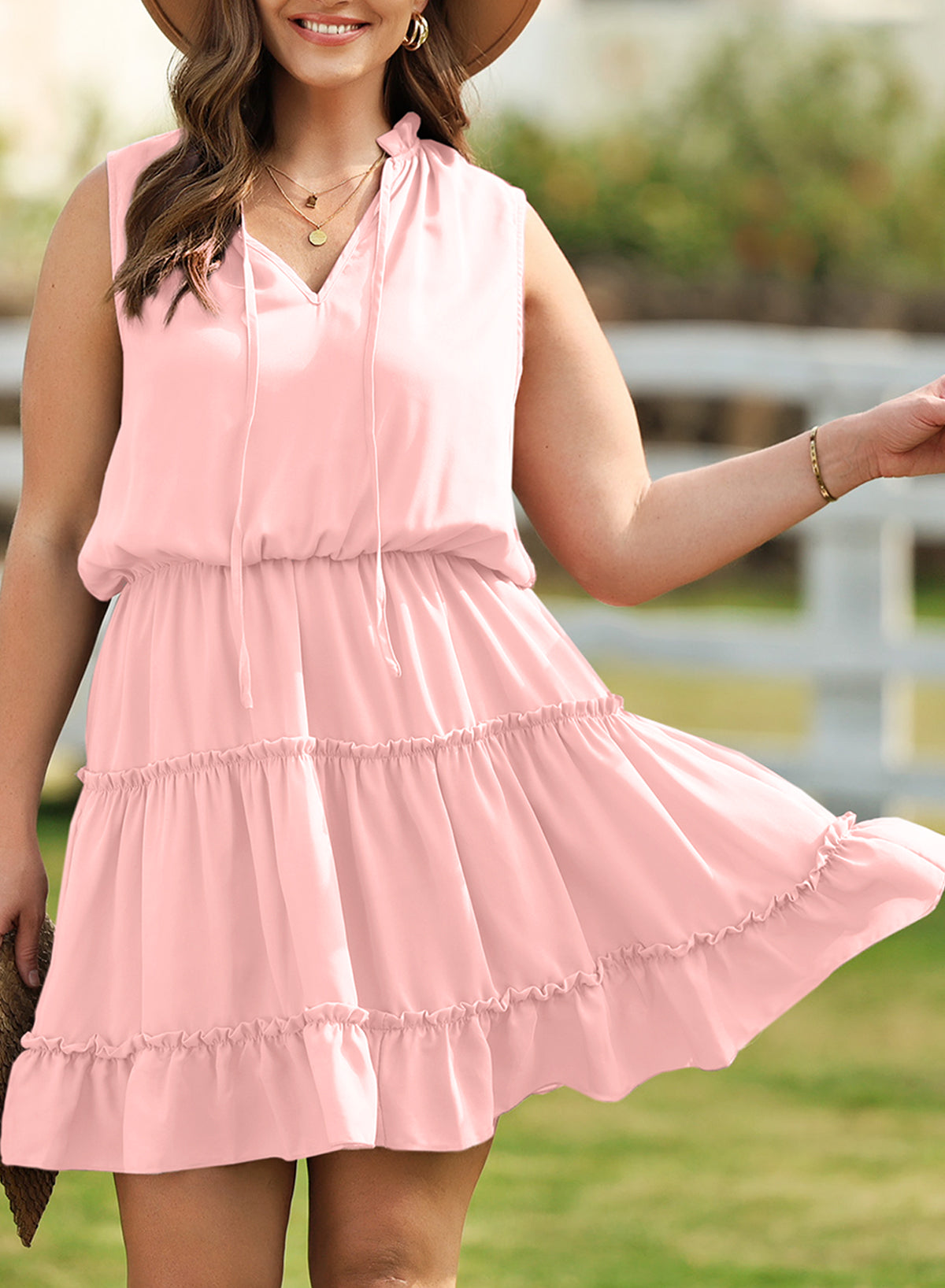 V-neck Loose Pullover Solid Color Dress Sleeveless Simple Knee-length Dress
