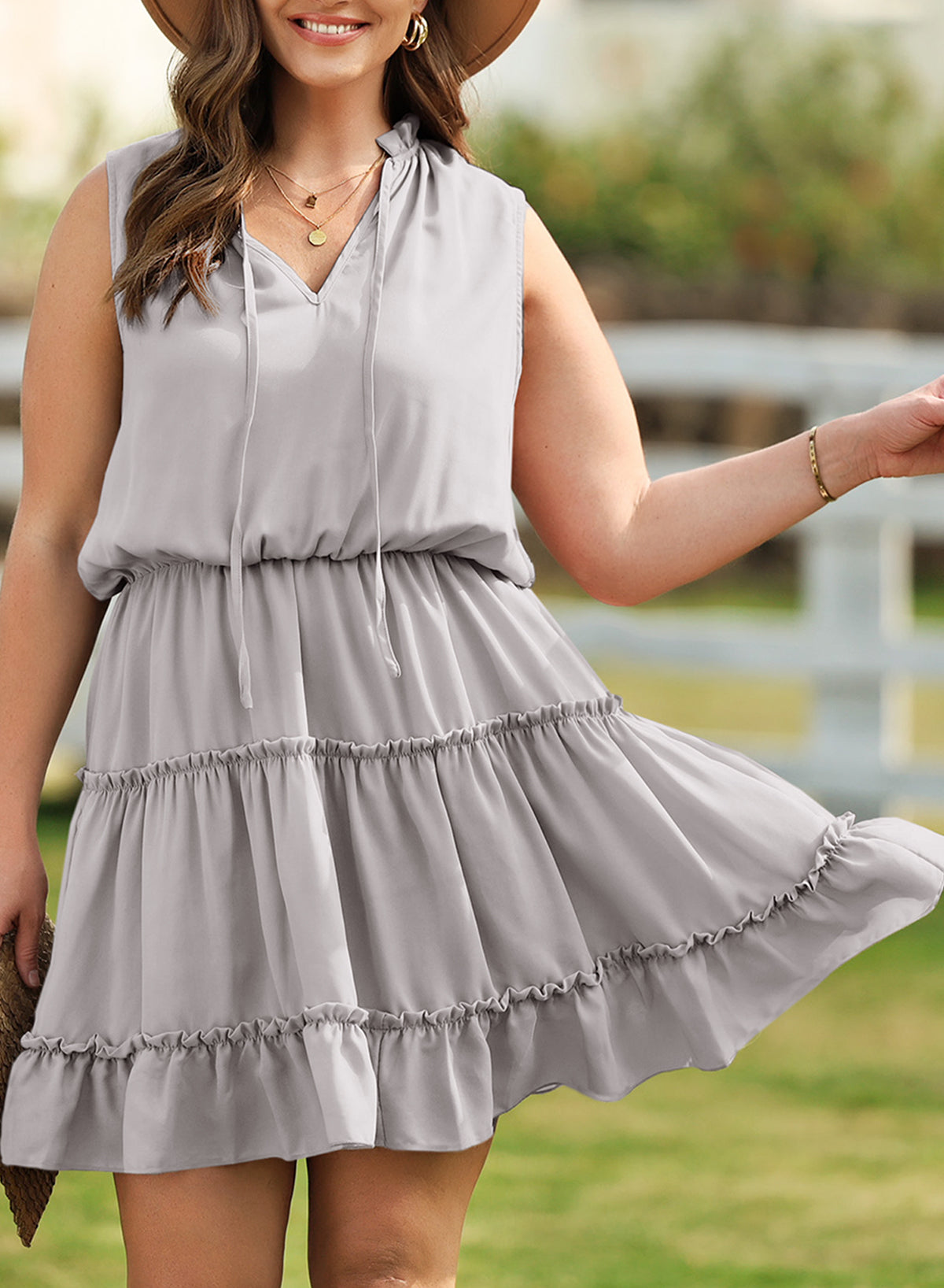 V-neck Loose Pullover Solid Color Dress Sleeveless Simple Knee-length Dress