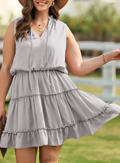 V-neck Loose Pullover Solid Color Dress Sleeveless Simple Knee-length Dress