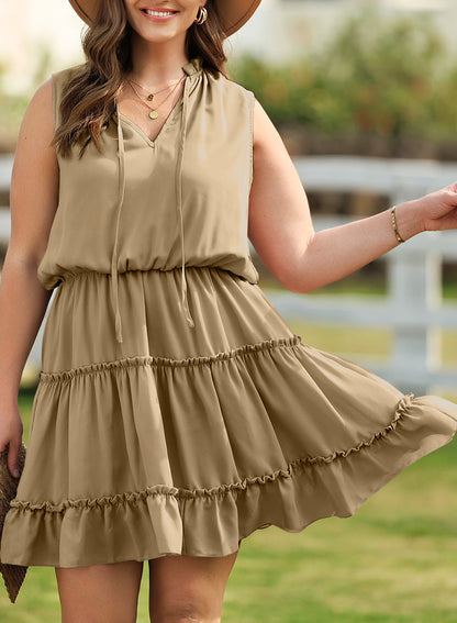 V-neck Loose Pullover Solid Color Dress Sleeveless Simple Knee-length Dress
