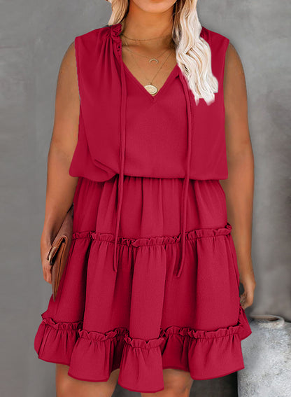 V-neck Loose Pullover Solid Color Dress Sleeveless Simple Knee-length Dress