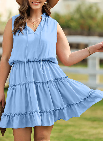 V-neck Loose Pullover Solid Color Dress Sleeveless Simple Knee-length Dress