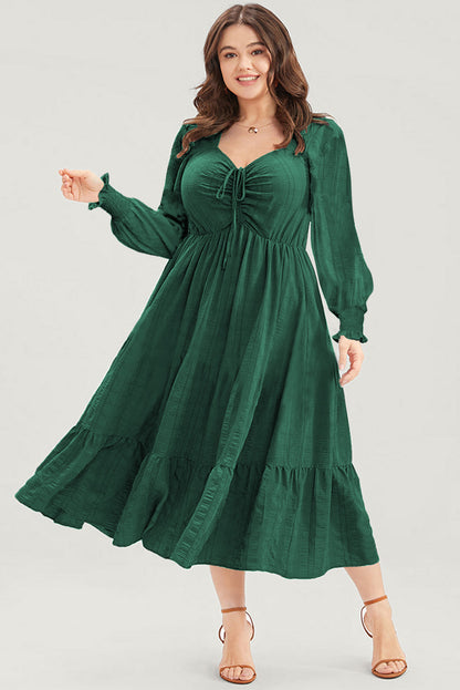 Casual V Neck Long Sleeve Ruffle Tiered Swing Tunic Dress