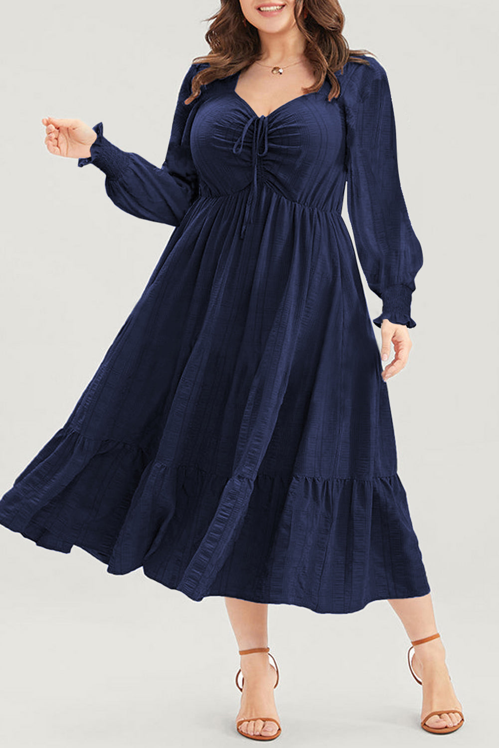 Casual V Neck Long Sleeve Ruffle Tiered Swing Tunic Dress