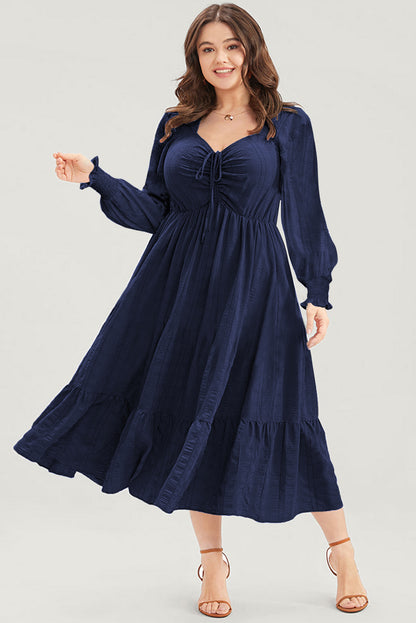 Casual V Neck Long Sleeve Ruffle Tiered Swing Tunic Dress