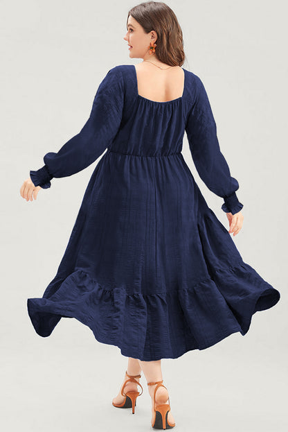 Casual V Neck Long Sleeve Ruffle Tiered Swing Tunic Dress