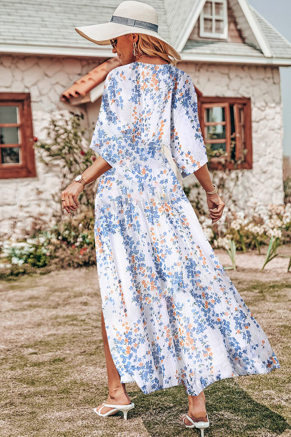 V Neck Casual Long Boho Floral Swing Flowy Slit Beach Dress