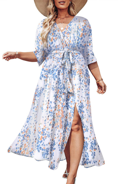 V Neck Casual Long Boho Floral Swing Flowy Slit Beach Dress