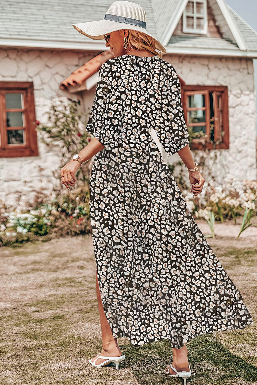 V Neck Casual Long Boho Floral Swing Flowy Slit Beach Dress