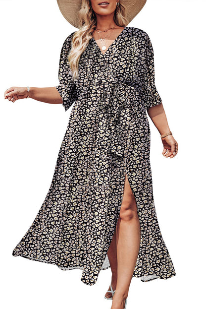 V Neck Casual Long Boho Floral Swing Flowy Slit Beach Dress