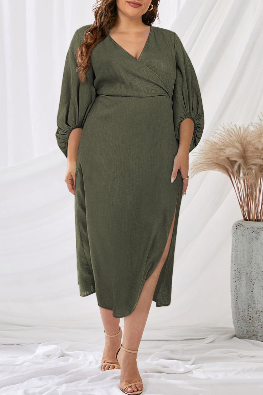 Formal Dress Full Puff Sleeve V Neck Slit Maxi Long Dresses
