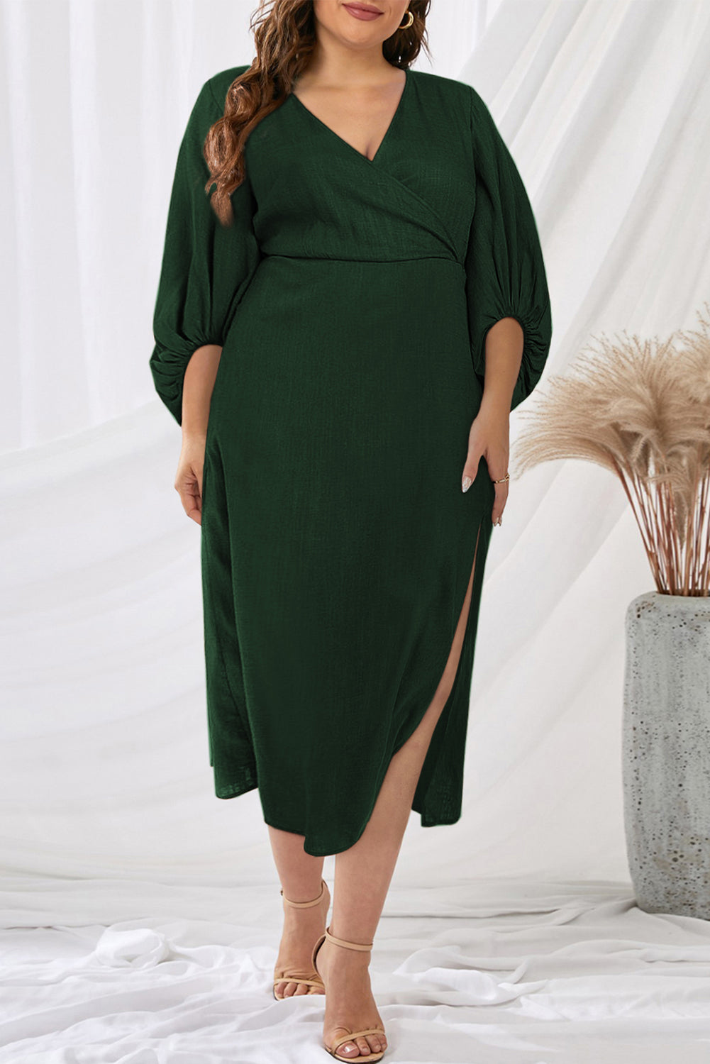 Formal Dress Full Puff Sleeve V Neck Slit Maxi Long Dresses