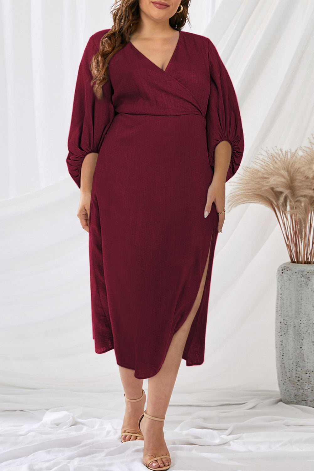 Formal Dress Full Puff Sleeve V Neck Slit Maxi Long Dresses