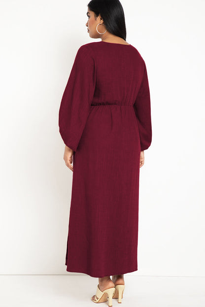 Formal Dress Full Puff Sleeve V Neck Slit Maxi Long Dresses