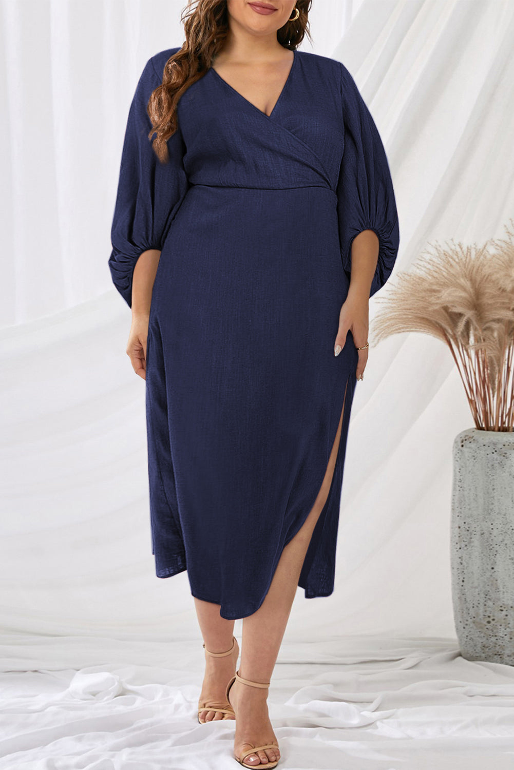 Formal Dress Full Puff Sleeve V Neck Slit Maxi Long Dresses