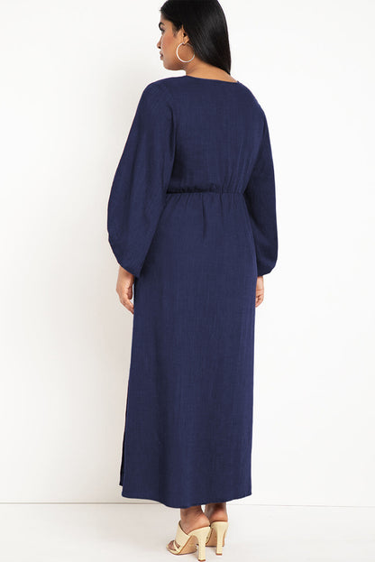 Formal Dress Full Puff Sleeve V Neck Slit Maxi Long Dresses