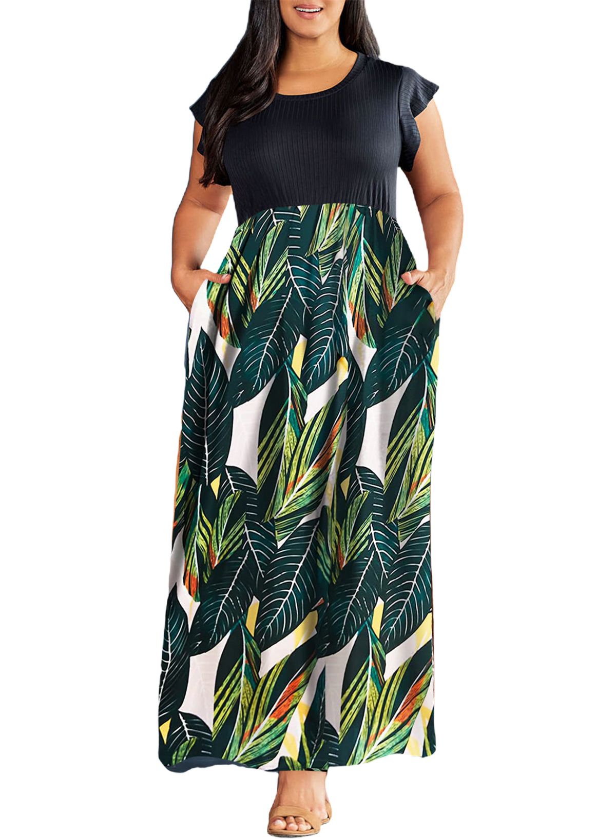 Plus Size Rib Leopard Print Fit and Flare Sleeveless Maxi Dress