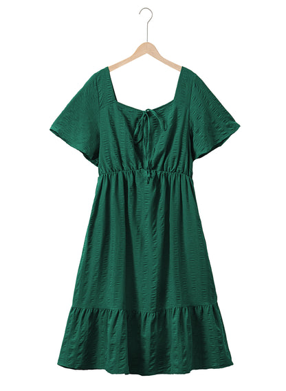 Plain Ruched Drawstring Pocket Ruffle Tiered Dress