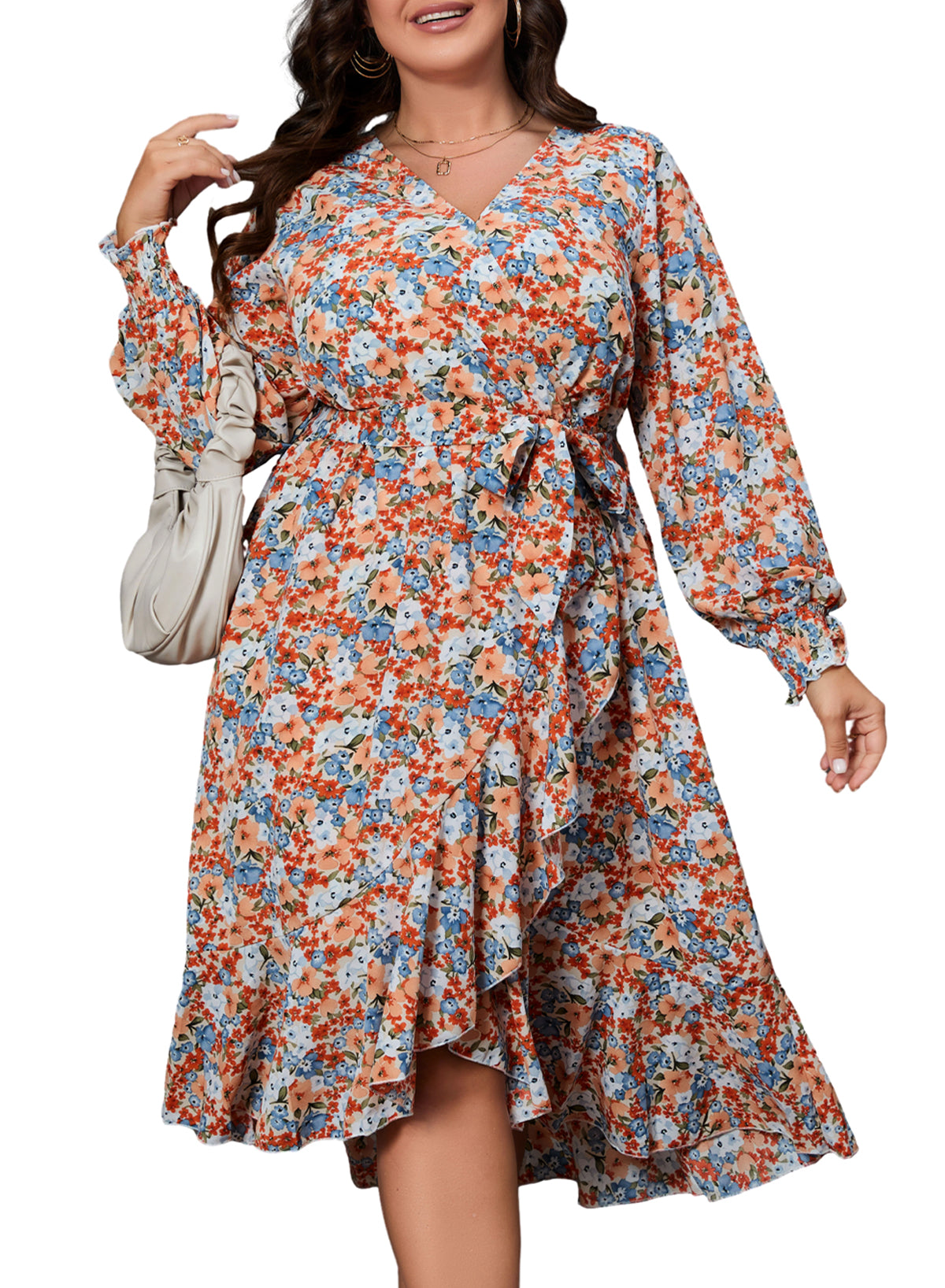 Women's Floral Print Boho Dress Long Sleeve Wrap V Neck Ruffle Belted A-Line Flowy Maxi Dresses