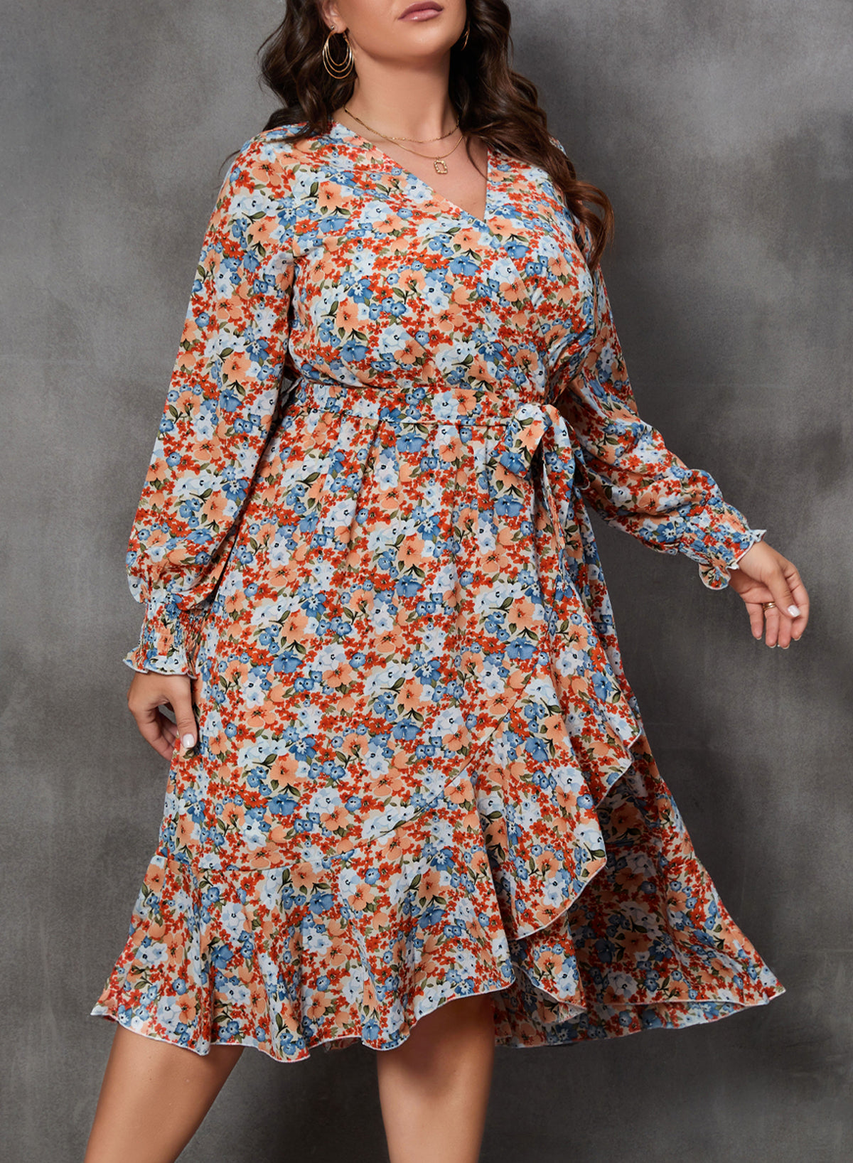 Women's Floral Print Boho Dress Long Sleeve Wrap V Neck Ruffle Belted A-Line Flowy Maxi Dresses