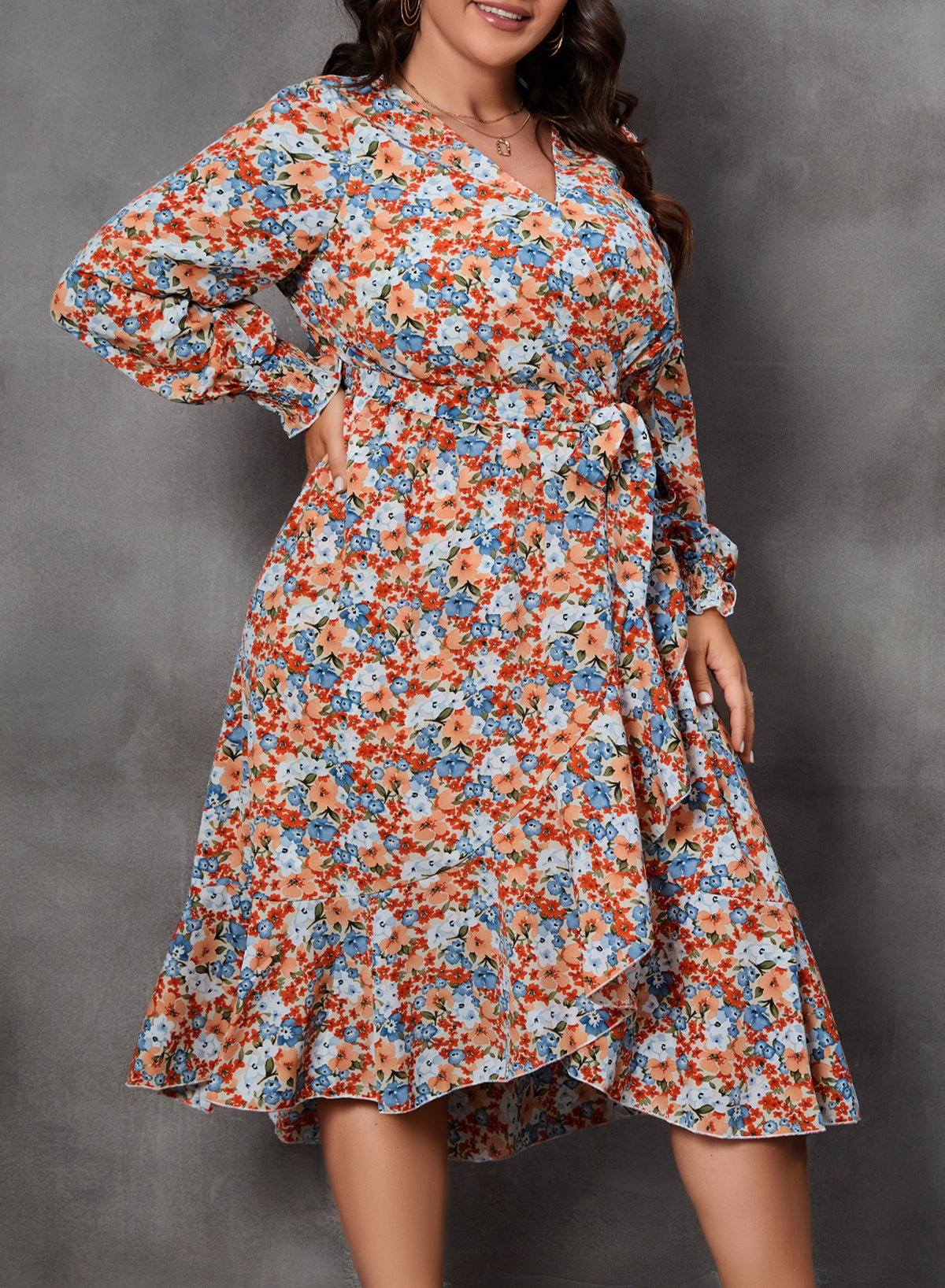 Women's Floral Print Boho Dress Long Sleeve Wrap V Neck Ruffle Belted A-Line Flowy Maxi Dresses