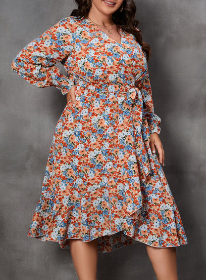 Women's Floral Print Boho Dress Long Sleeve Wrap V Neck Ruffle Belted A-Line Flowy Maxi Dresses