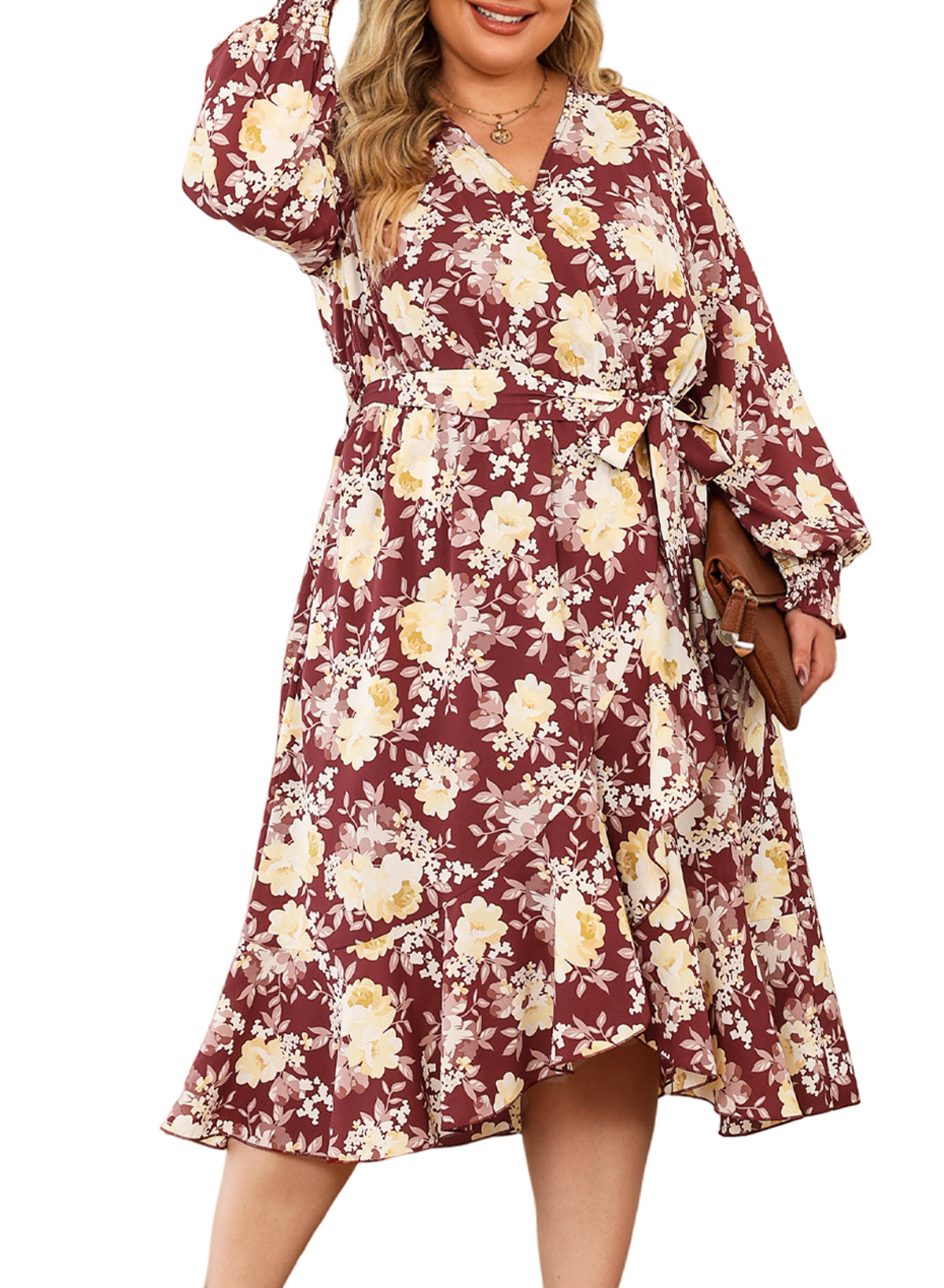 Women's Floral Print Boho Dress Long Sleeve Wrap V Neck Ruffle Belted A-Line Flowy Maxi Dresses