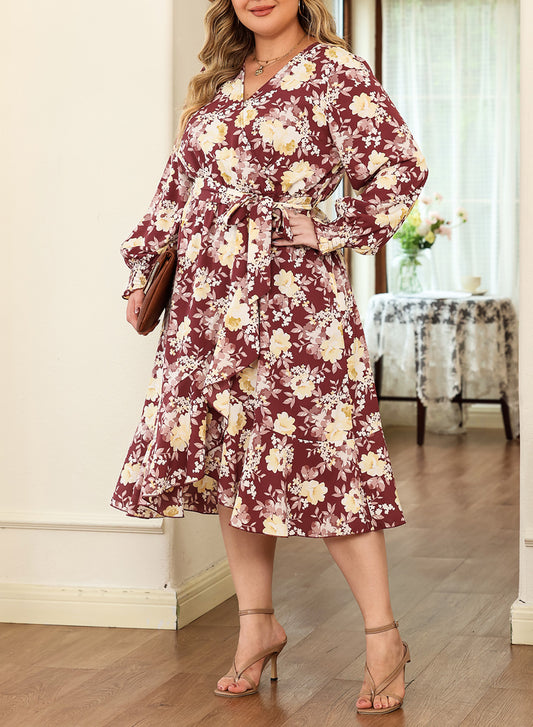 Women's Floral Print Boho Dress Long Sleeve Wrap V Neck Ruffle Belted A-Line Flowy Maxi Dresses