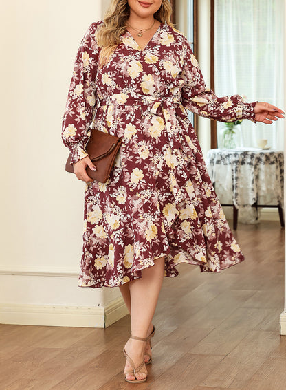 Women's Floral Print Boho Dress Long Sleeve Wrap V Neck Ruffle Belted A-Line Flowy Maxi Dresses