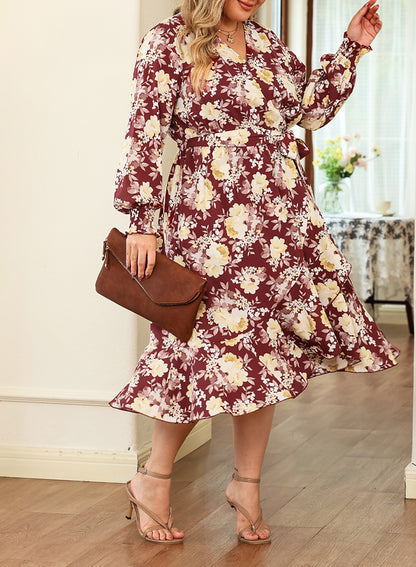 Women's Floral Print Boho Dress Long Sleeve Wrap V Neck Ruffle Belted A-Line Flowy Maxi Dresses