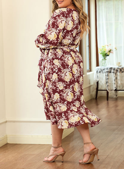 Women's Floral Print Boho Dress Long Sleeve Wrap V Neck Ruffle Belted A-Line Flowy Maxi Dresses