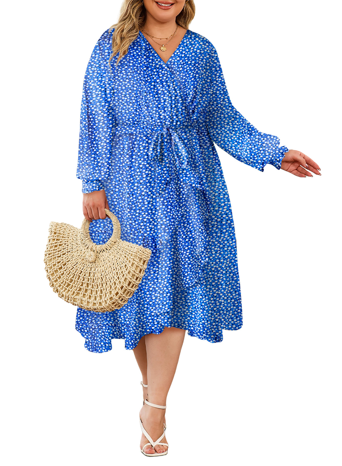 Women's Floral Print Boho Dress Long Sleeve Wrap V Neck Ruffle Belted A-Line Flowy Maxi Dresses