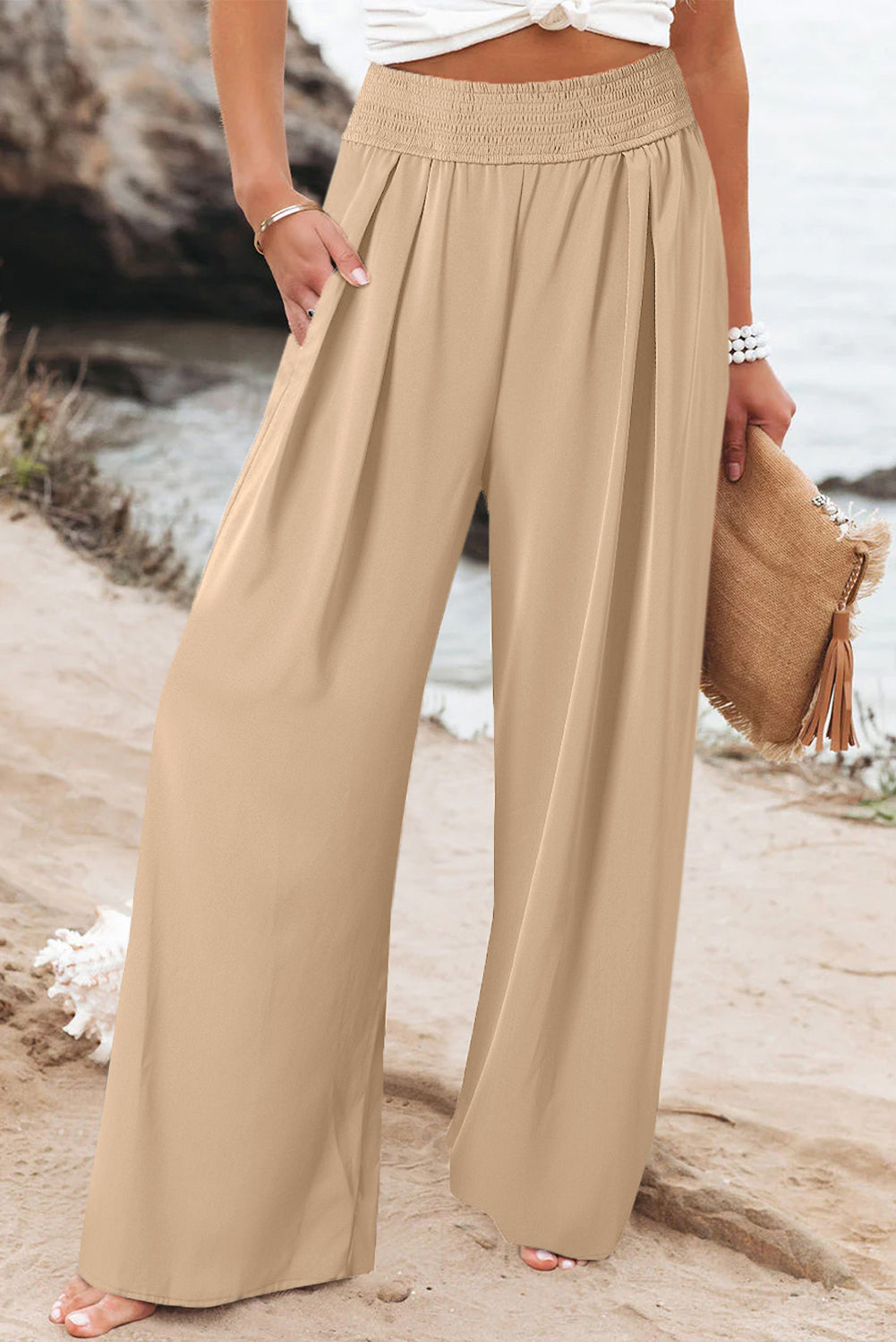 High Waisted Flowy Pull On Casual Wide Leg Pants