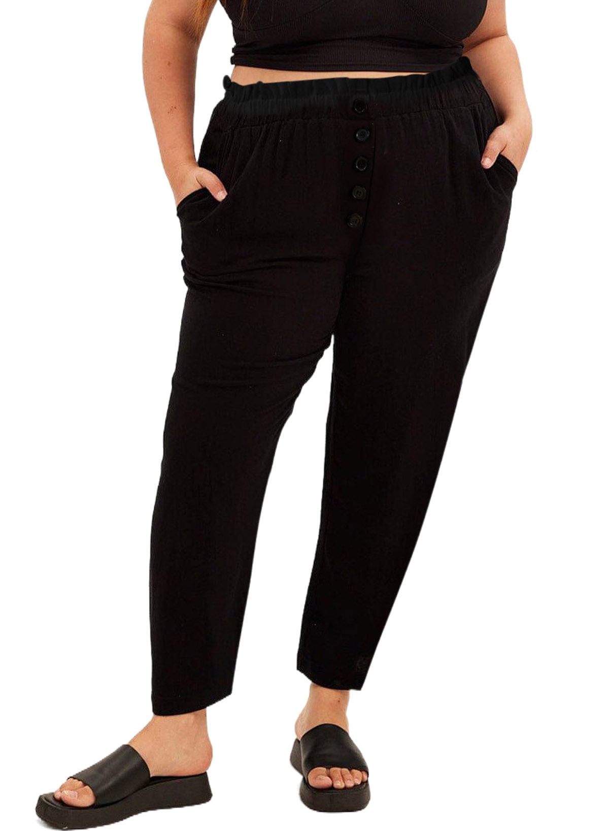 Womens Casual Loose Pants Comfy Cropped Work Pants with Pockets Elastic High Waist Paper Bag Pants