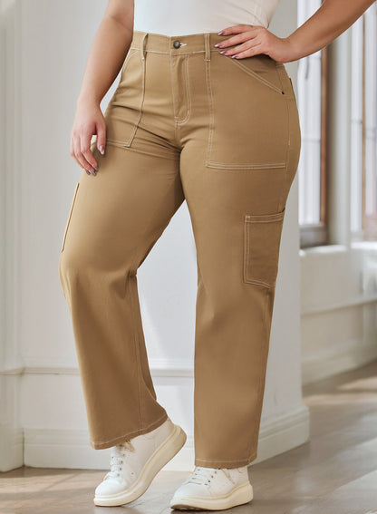 Straight Leg Loose Cut Denim Pants with Cargo Pockets for Women