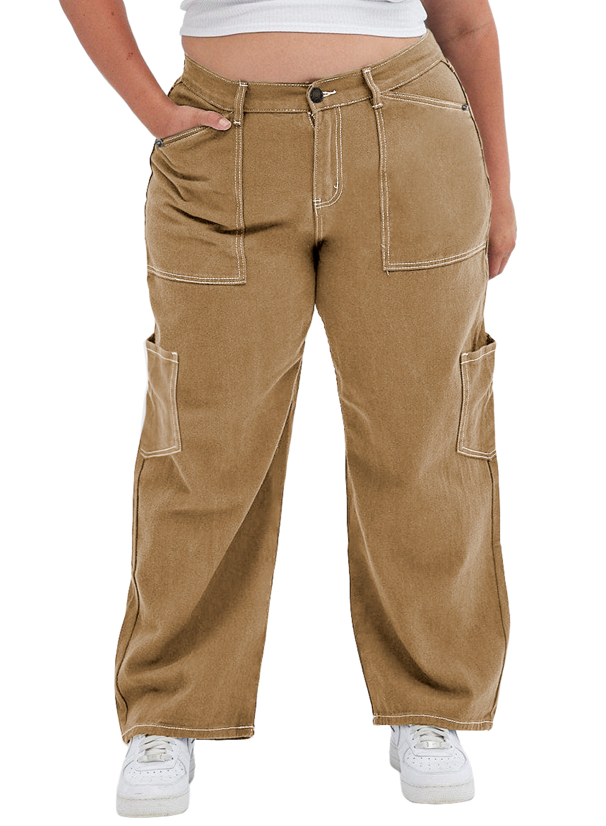 Straight Leg Loose Cut Denim Pants with Cargo Pockets for Women