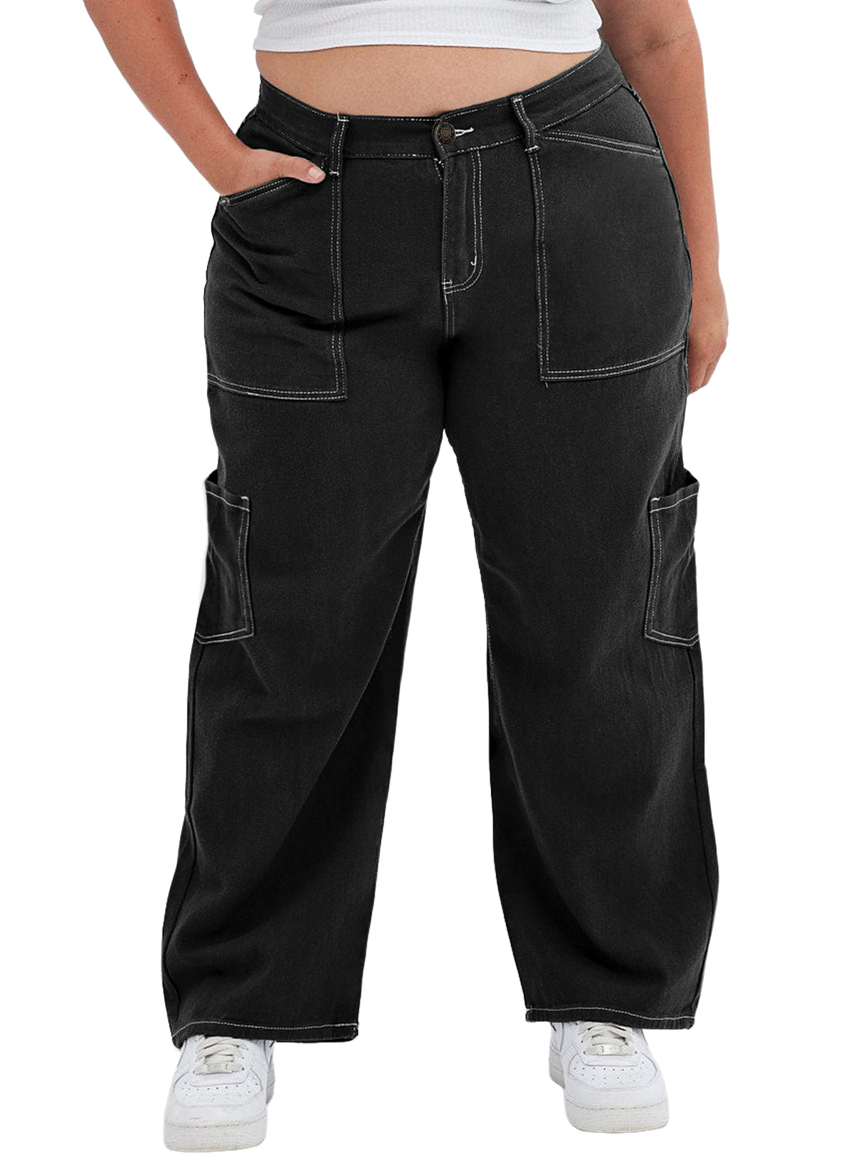 Straight Leg Loose Cut Denim Pants with Cargo Pockets for Women