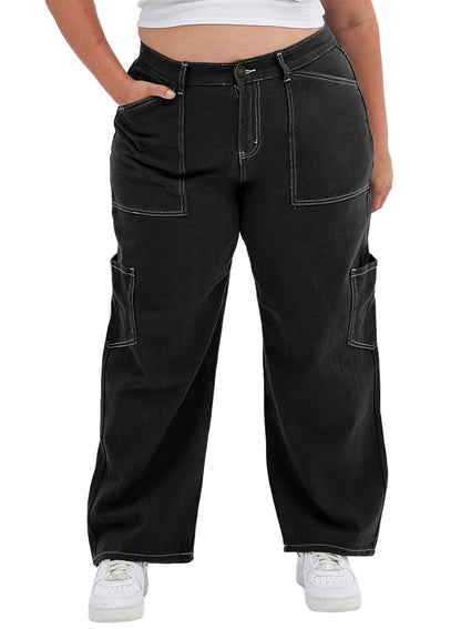 Straight Leg Loose Cut Denim Pants with Cargo Pockets for Women