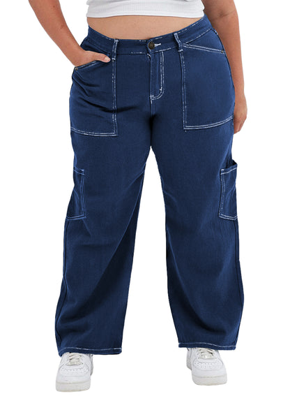 Straight Leg Loose Cut Denim Pants with Cargo Pockets for Women